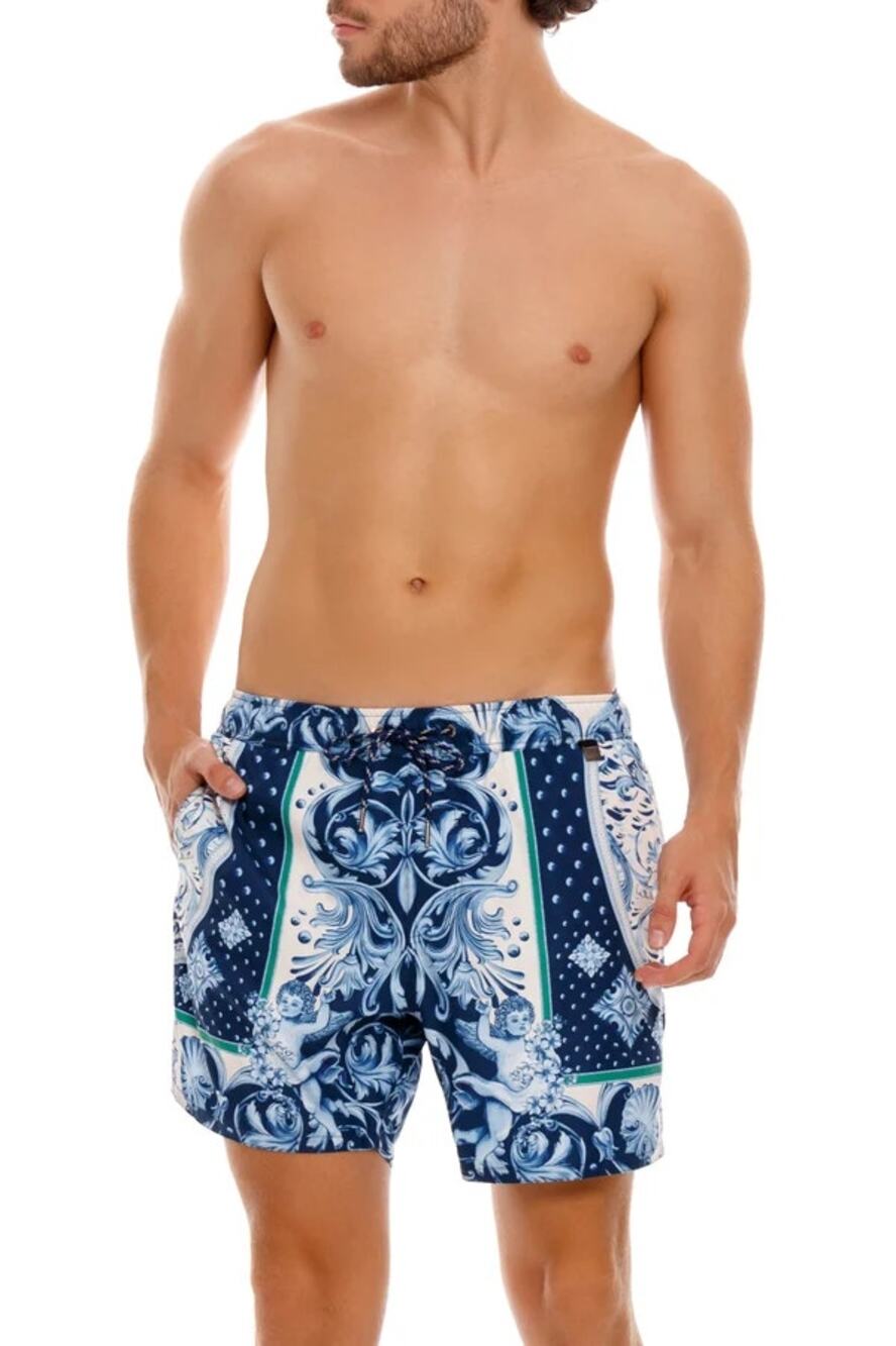 34 L Agua Bendita Joe Cardumen Men's Designer Baroque Swim Trunks Blue Shorts